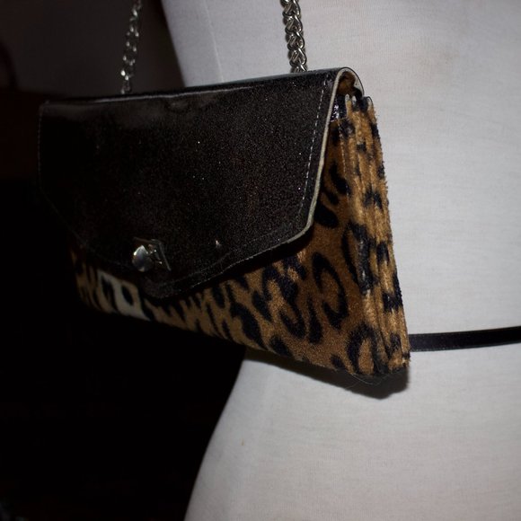 Vintage Trophy Queen Leopard Fur Clutch Sparkle Vinyl Orig $275 RARE Chain Strap - Picture 10 of 11